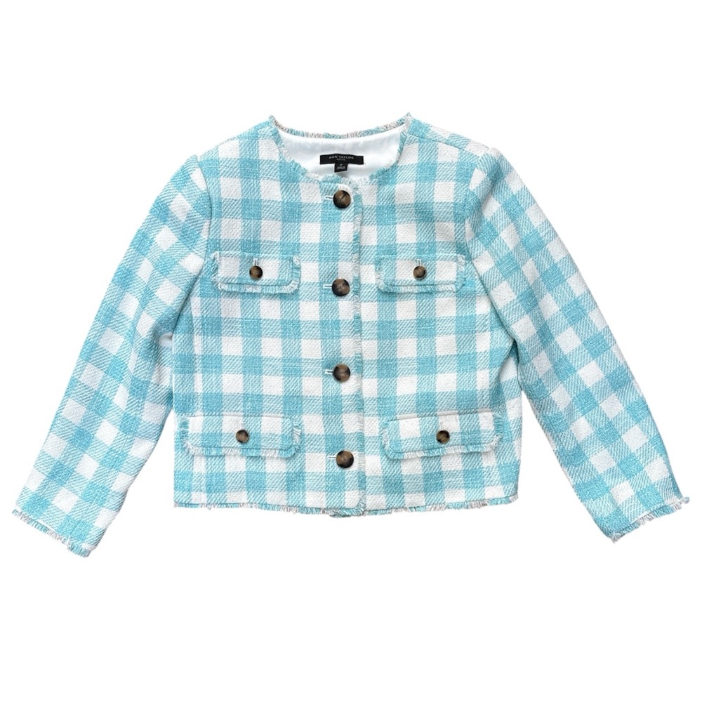 Ann Taylor Petite Tourquoise & White Gingham Tweed Button-Front Jacket Size 0P